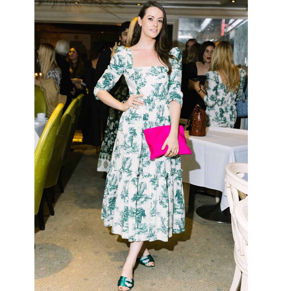 Cara Cara Blue Hill Toile Midi Dress Size 10 Green Botanical Cotton Garden Party - Picture 5 of 15